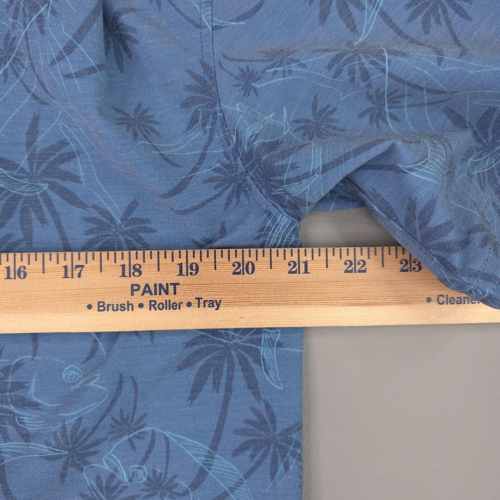 Huk Shirt Mens Small Blue Fish Palm Tree Short Sleeve Button Up Fishing Stretch - Picture 8 of 10